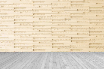 Marble tile wall pattern  background in light cream beige color with wooden floor in grey tone