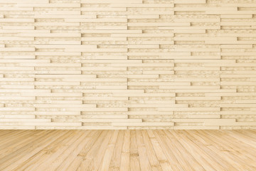 Marble tile wall pattern  background in light cream beige color with wooden floor in yellow brown