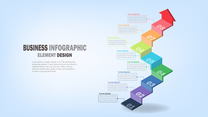 Infographics business template 3D stairs with arrow 8 steps for Presentation, Sale forecast, Web design, improvement, Step by Step