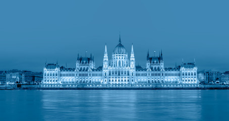Hungarian parliament in Budapest at twilight blue hour