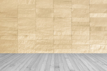 White rock tile wall with wooden floor in red brown color for interior background.