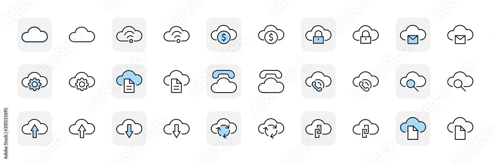Poster set of cloud vector line icon. it contains symbols to upload, download, link and more. editable stro