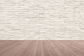 Limestone rock tile wall backdrop in light white color tone with wooden floor in red brown colour