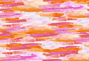 Seamless watercolor background from repeating drips and spots. Abstract composition of orange and pink drops and strokes. Bright background on texture paper.