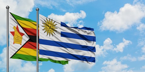 Zimbabwe and Uruguay flag waving in the wind against white cloudy blue sky together. Diplomacy concept, international relations.