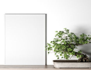 mock up interior frame in white background, small plant, modern style, 3D render, 3D illustration