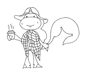 Coloring book for kids - unicorn in a large checkered scarf and a cup of cocoa. Winter. Party spirit. Black and white cute cartoon unicorns. Vector illustration.