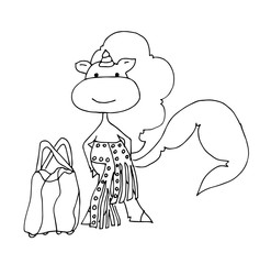 Coloring book for kids - unicorn fashionista in a belt with rivets. New Year and Merry Christmas spirit. Black and white cute cartoon unicorns. Vector illustration.