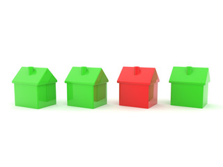 3D Rendering of 3 green houses and a red one
