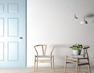 Fototapeta na wymiar Mock -Up Blank Wall In Modern Interior background, wooden chair in Scandinavian Style, bright living Room design, 3D Render, 3D Illustration 