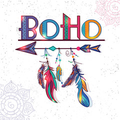 Hand Drawn colorful text Boho with Feathers.