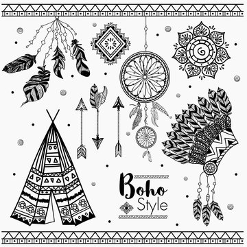 Set of hand drawn Boho design elements.