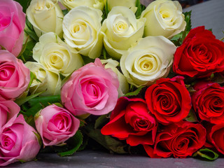 Bouquet of colorful roses, Different color roses background. Pink, red, white Selective focus