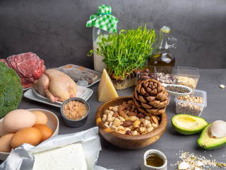 Healthy Diet - foods that are a rich source of proteins, includes meat, fish, cheese, eggs, milk, nuts, greenery, beans, seeds, oil, oat