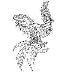Hand drawn doodle illustration of flying Phoenix Bird.