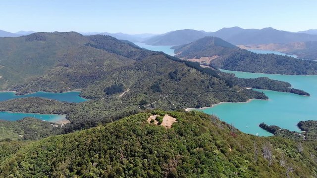 A panoramic aerial view of the marlborough sounds region in New Zealand, captured on the Onahau Lookout / Queen Charlotte Track. Part One