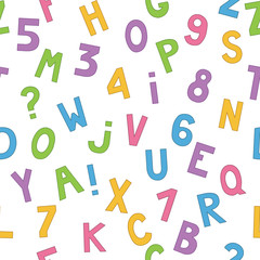 Seamless pattern with cartoon letters and numbers. Vector