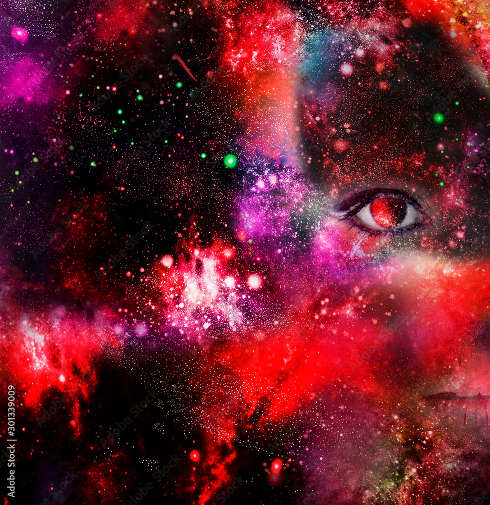 Wall mural woman's face in the red universe