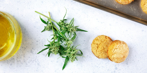 A panorama of cannabis butter cookies with marijuana buds and cannaoil, homemade healthy biscuits, overhead shot