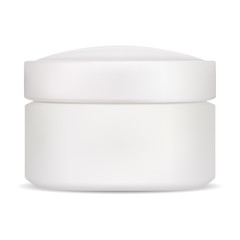 Cosmetic jar. Cream packaging blank isolated. Vector plastic pot front view. Scrub, lotion or butter container mockup template. Empty creme or powder package for brand. Skin care gel tube
