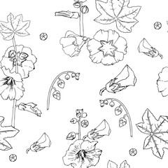 Malva seamless pattern Summer Flowers Sketches. - 301339805