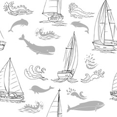 Nautica seamless pattern with ships, yachts, sea animals, dolphin and sea knots. Hand drawn elements for summer holidays - 301340002