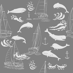 Nautica seamless pattern with ships, yachts, sea animals, dolphin and sea knots. Hand drawn elements for summer holidays - 301340020