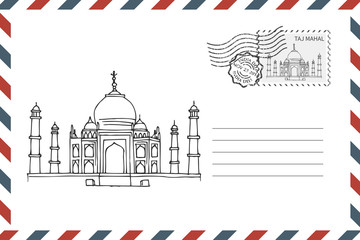 Envelope with hand drawn Taj Mahal in India