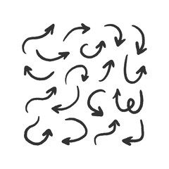 Set, collection of grey grunge doodle, hand drawn arrows isolated on white background.