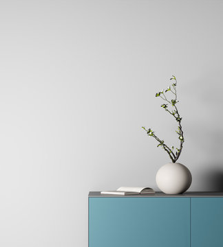 Mock-up Of Blank Gray Wall With Small Plant In Vase. 3d Rendering.