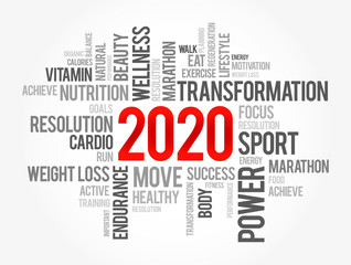 2020 health and sport goals word cloud, concept background