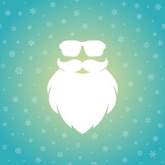 Santa claus face silhouette with beard and hipster sun glasses on powder blue background with snowflakes.