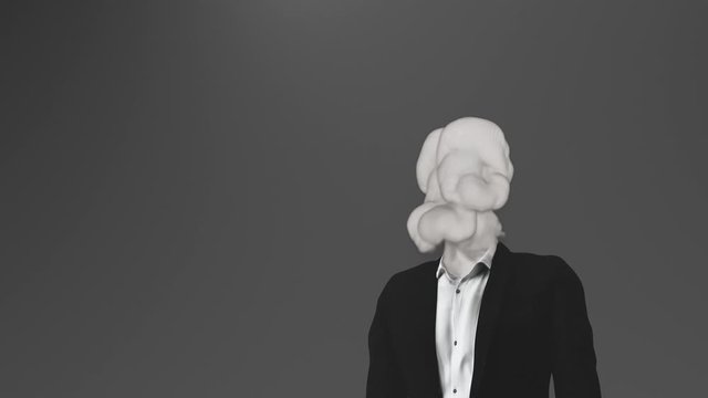 A headless person in a business suit stands still petrified, and a thick black smoke is coming out from where the head should be. A concept of job burnout - work-related stress. 3D rendered animation.