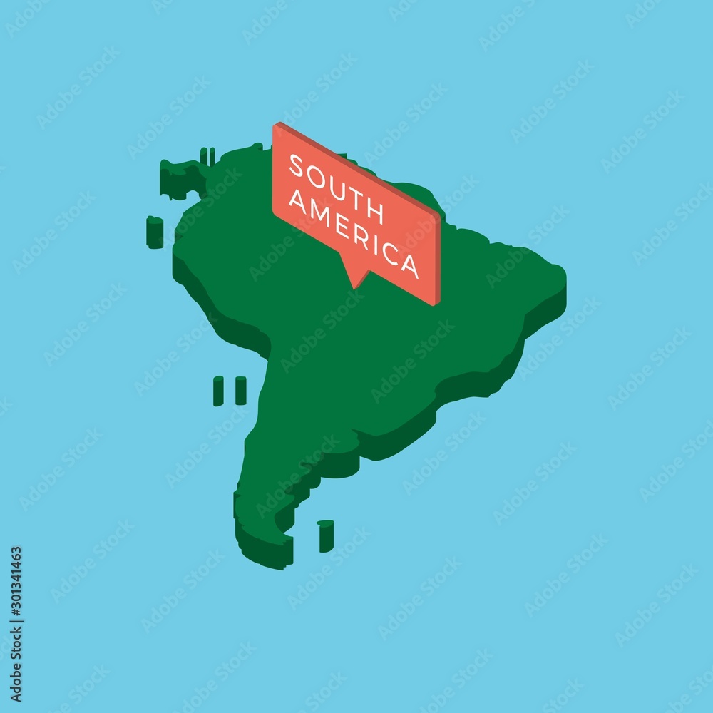 Aufkleber isometric map of south america continent with pointer on blue background. realistic 3d vector concep