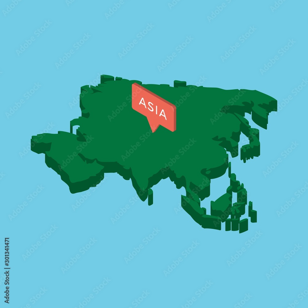 Aufkleber isometric map of asia continent with pointer on blue background. realistic 3d vector concept map eas