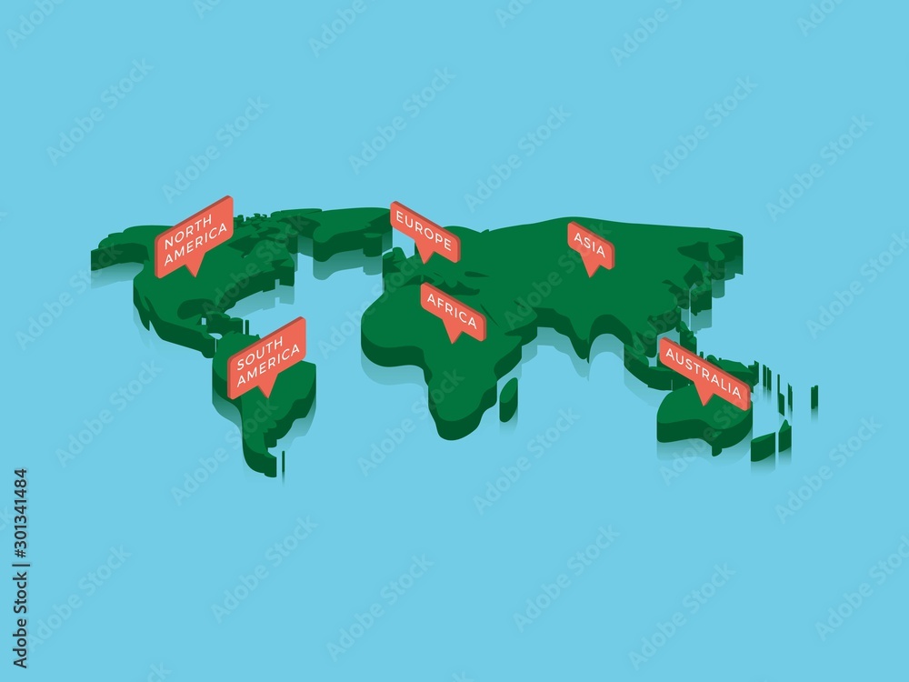 Aufkleber isometric world map with pointers. green continents on blue background. realistic 3d vector concept 