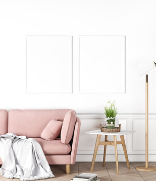 Cozy Interior Mock up With Double Poster Frames, Living Room, Scandinavian Style, 3D Render, 3D Illustration