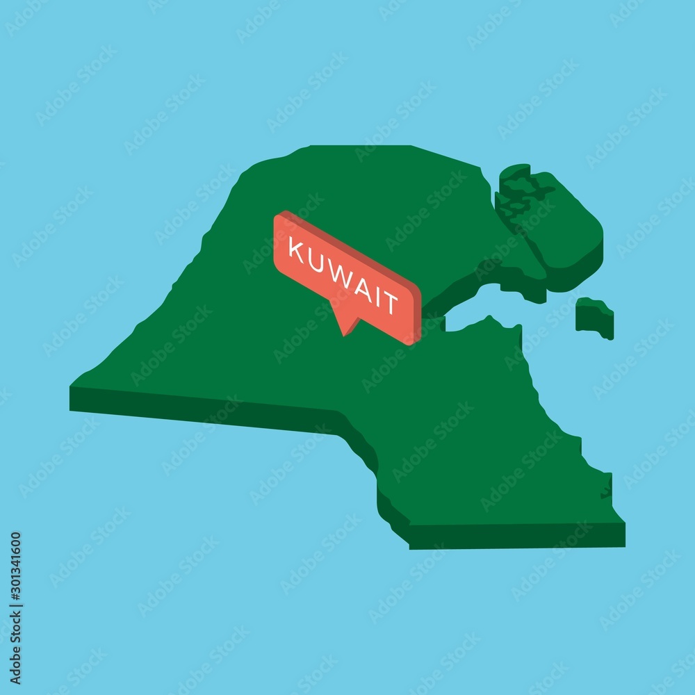 Poster green isometric map of country kuwait with pointer on blue background. realistic 3d vector concept m
