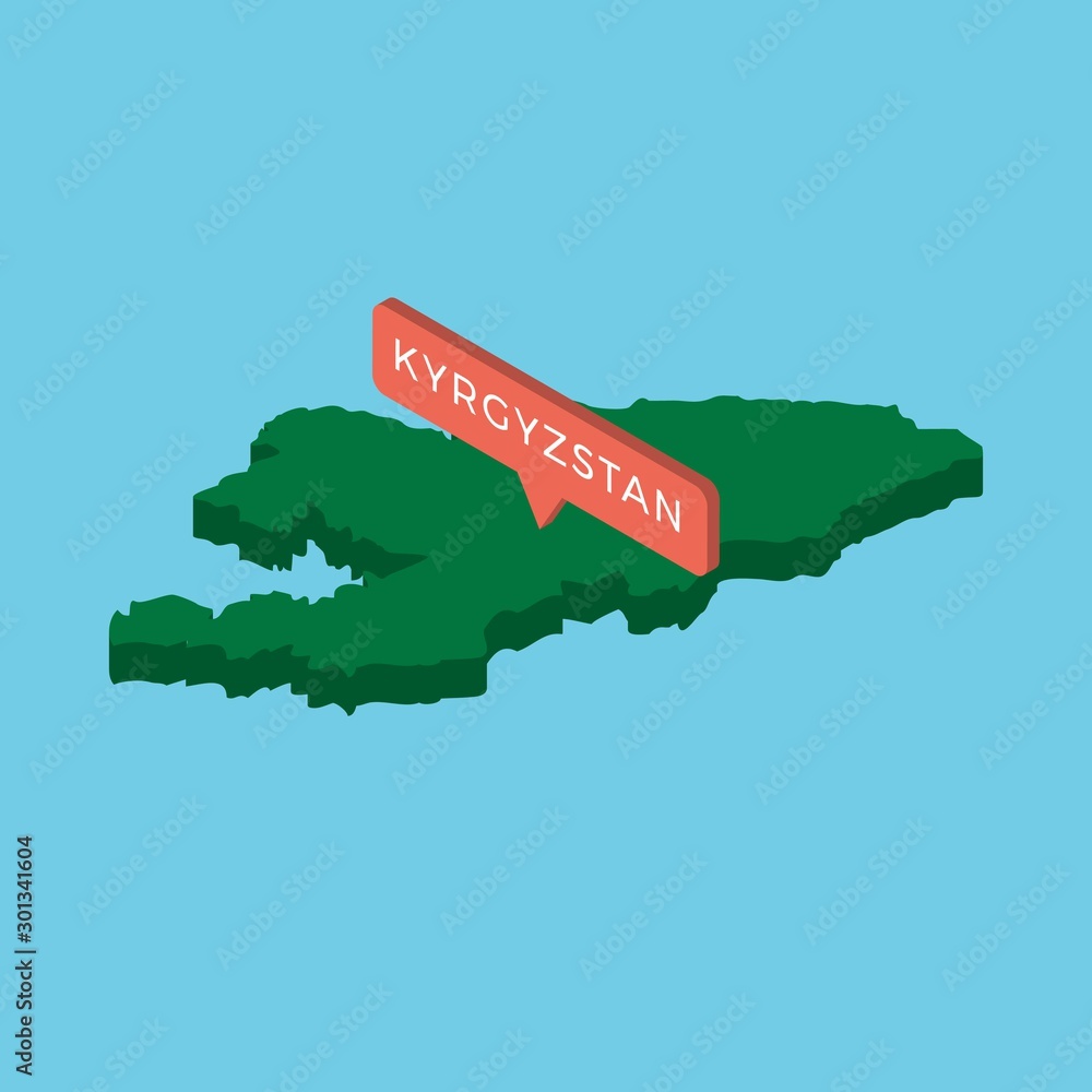 Poster green isometric map of country kyrgyzstan with pointer on blue background. realistic 3d vector conce