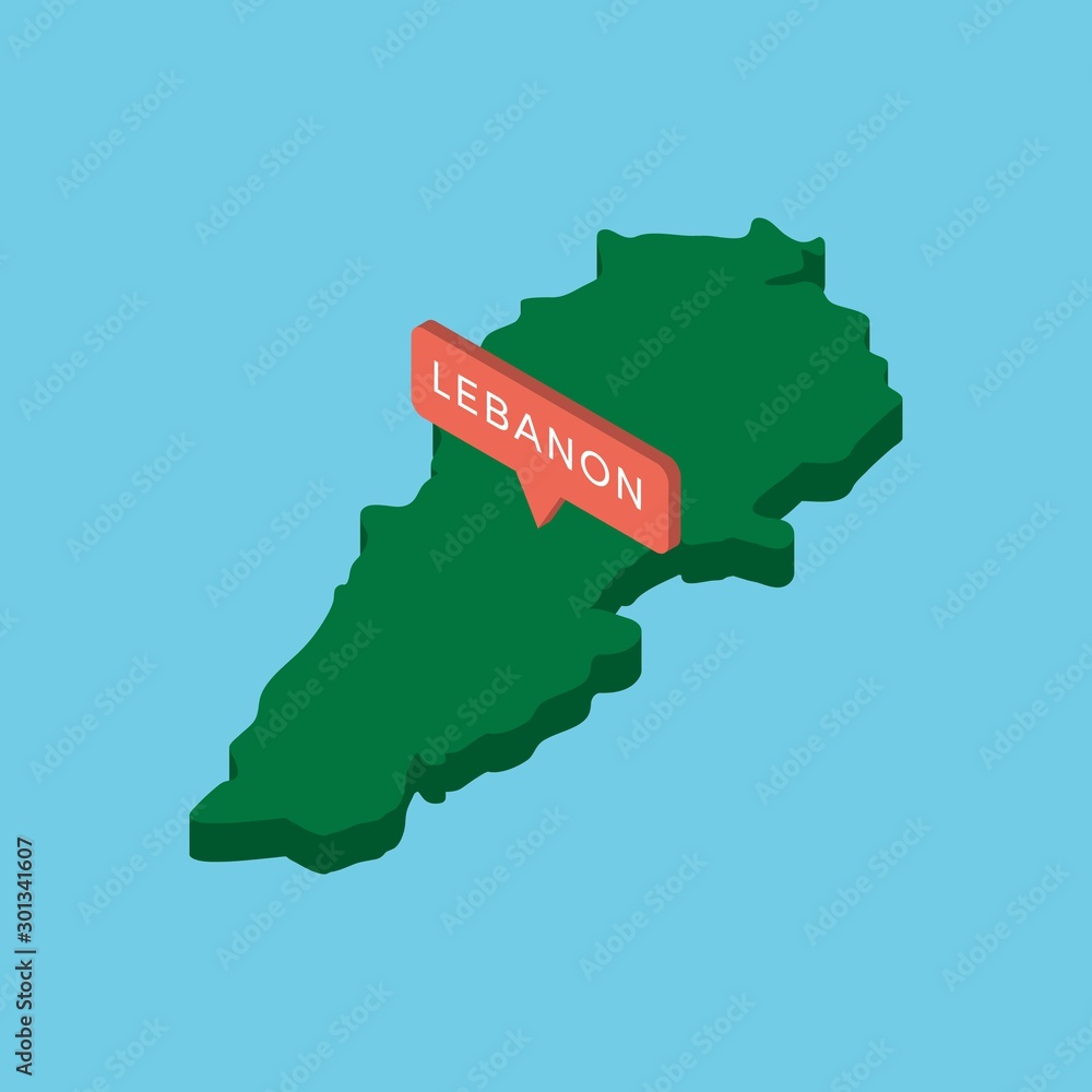Poster green isometric map of country lebanon with pointer on blue background. realistic 3d vector concept 