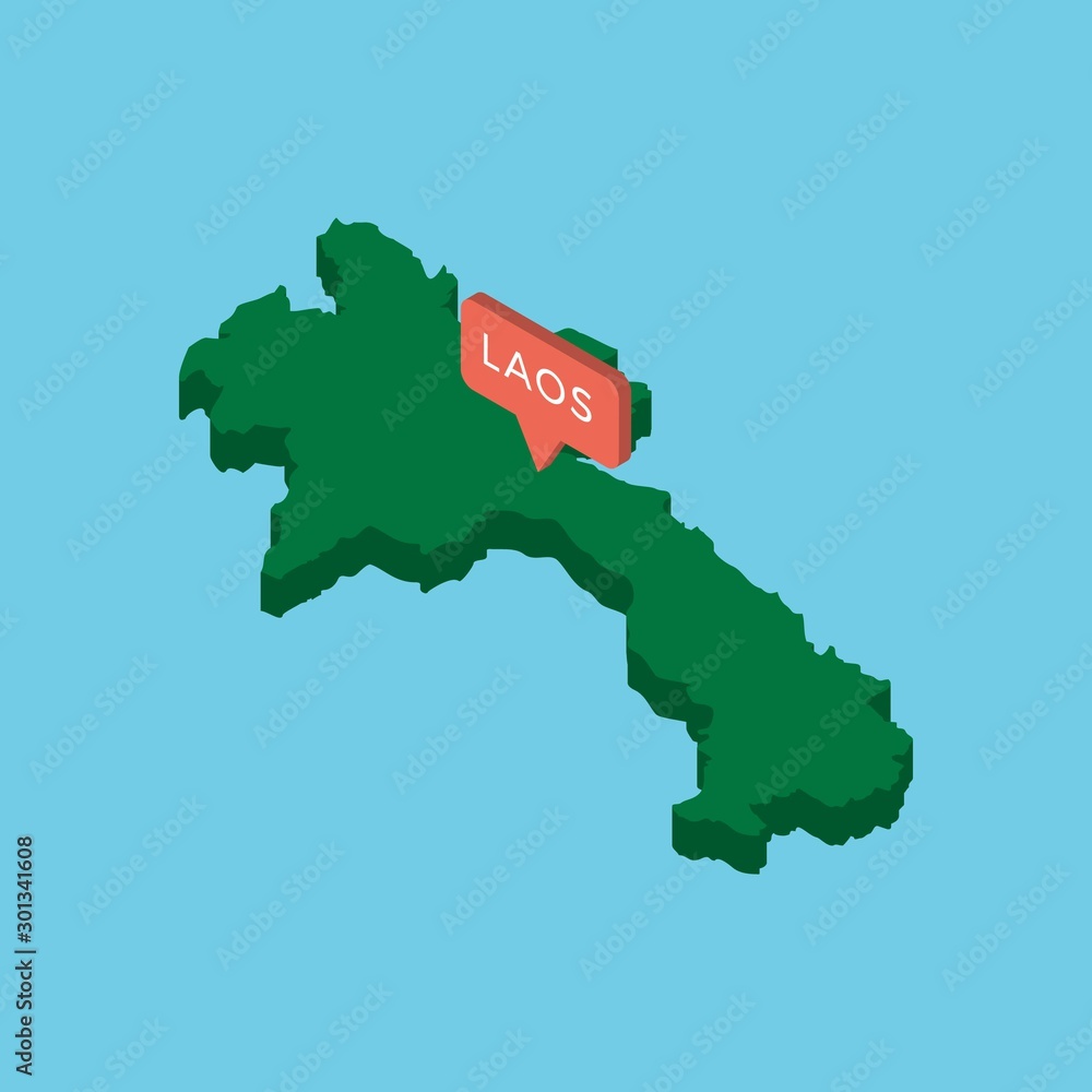 Poster green isometric map of country laos with pointer on blue background. realistic 3d vector concept map