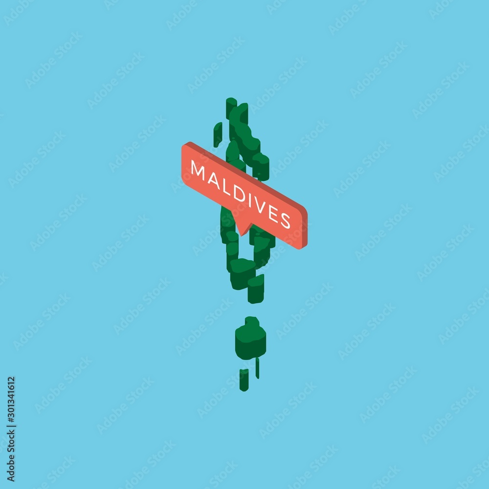 Poster green isometric map of country maldives with pointer on blue background. realistic 3d vector concept