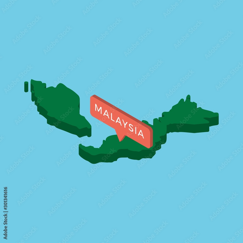 Aufkleber green isometric map of country malaysia with pointer on blue background. realistic 3d vector concept