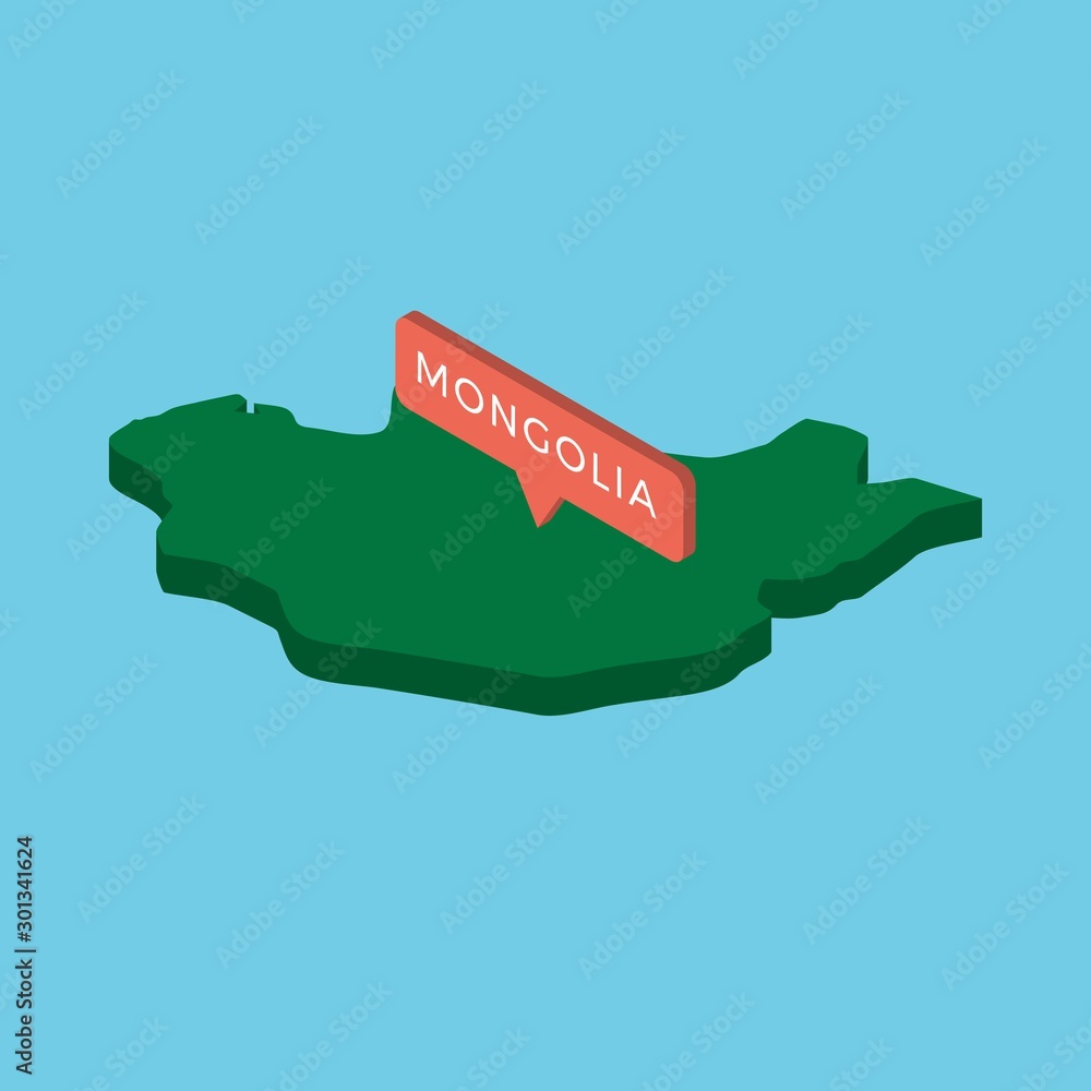 Poster green isometric map of country mongolia with pointer on blue background. realistic 3d vector concept