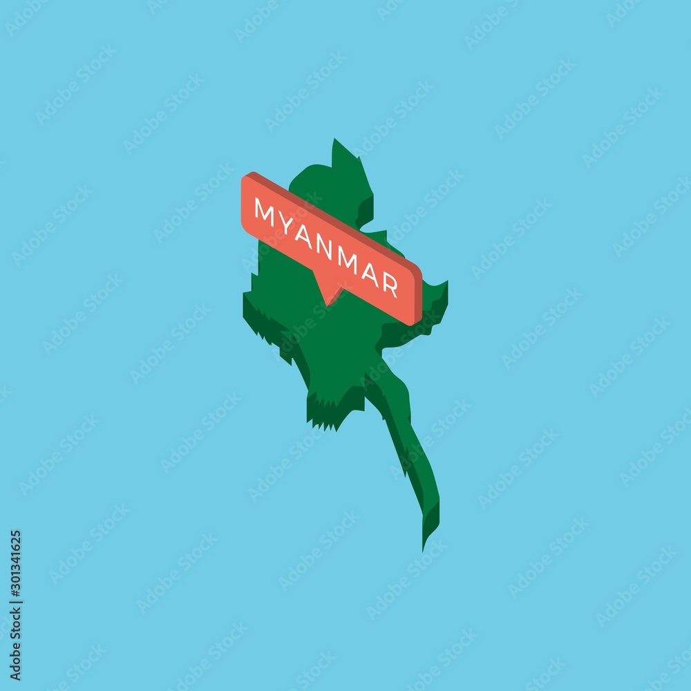 Poster green isometric map of country myanmar with pointer on blue background. realistic 3d vector concept 