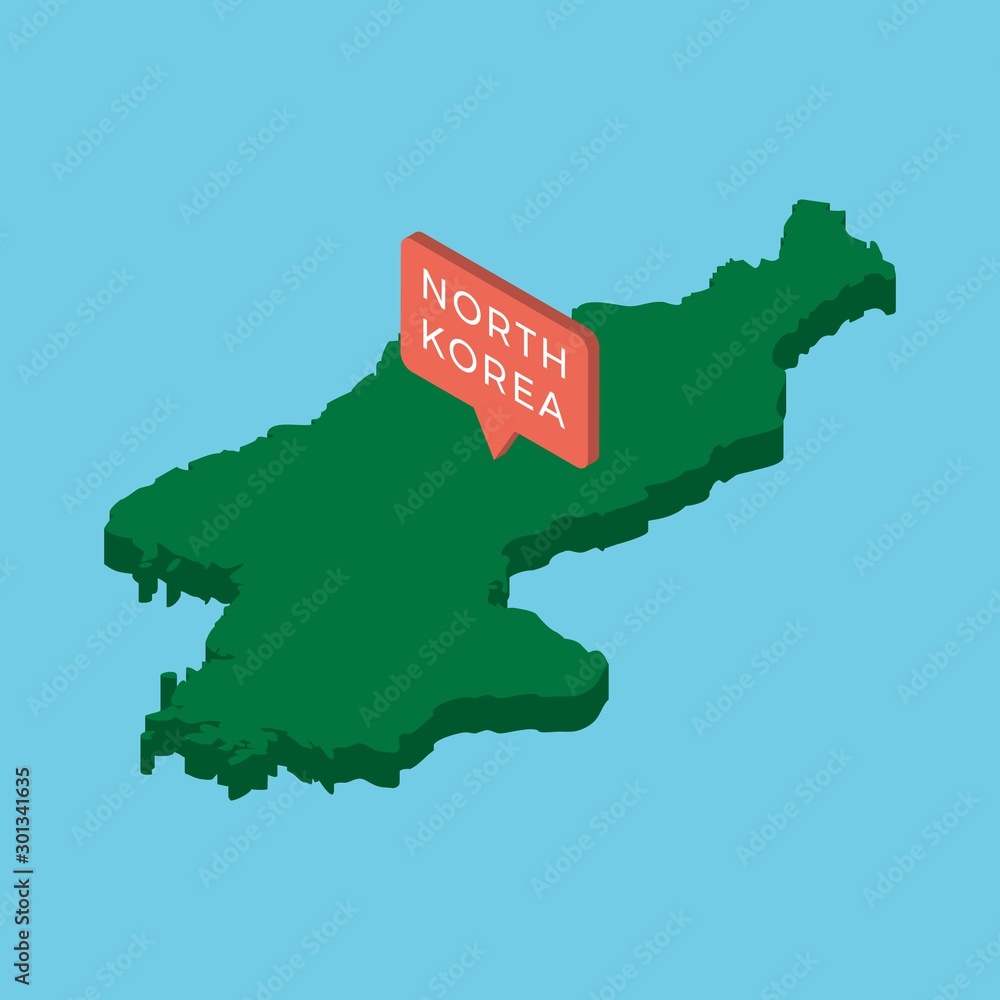 Poster green isometric map of country north korea with pointer on blue background. realistic 3d vector conc