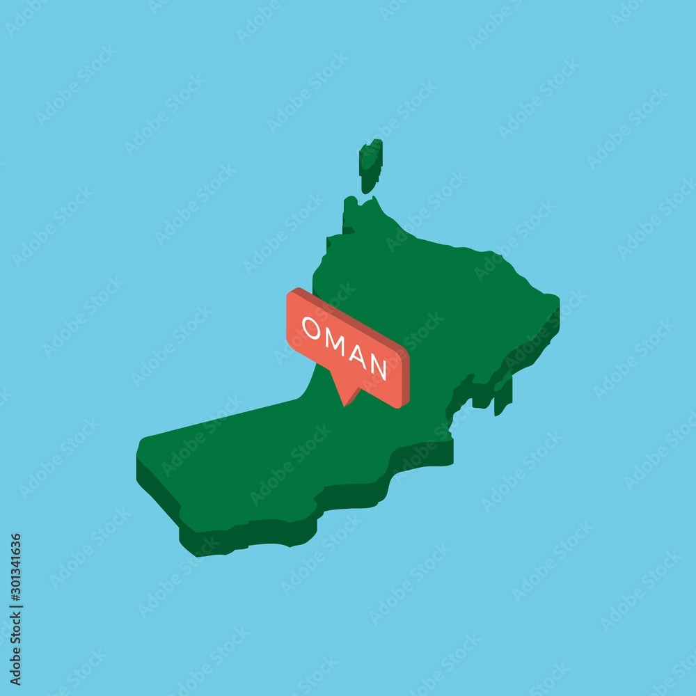 Aufkleber green isometric map of country oman with pointer on blue background. realistic 3d vector concept map