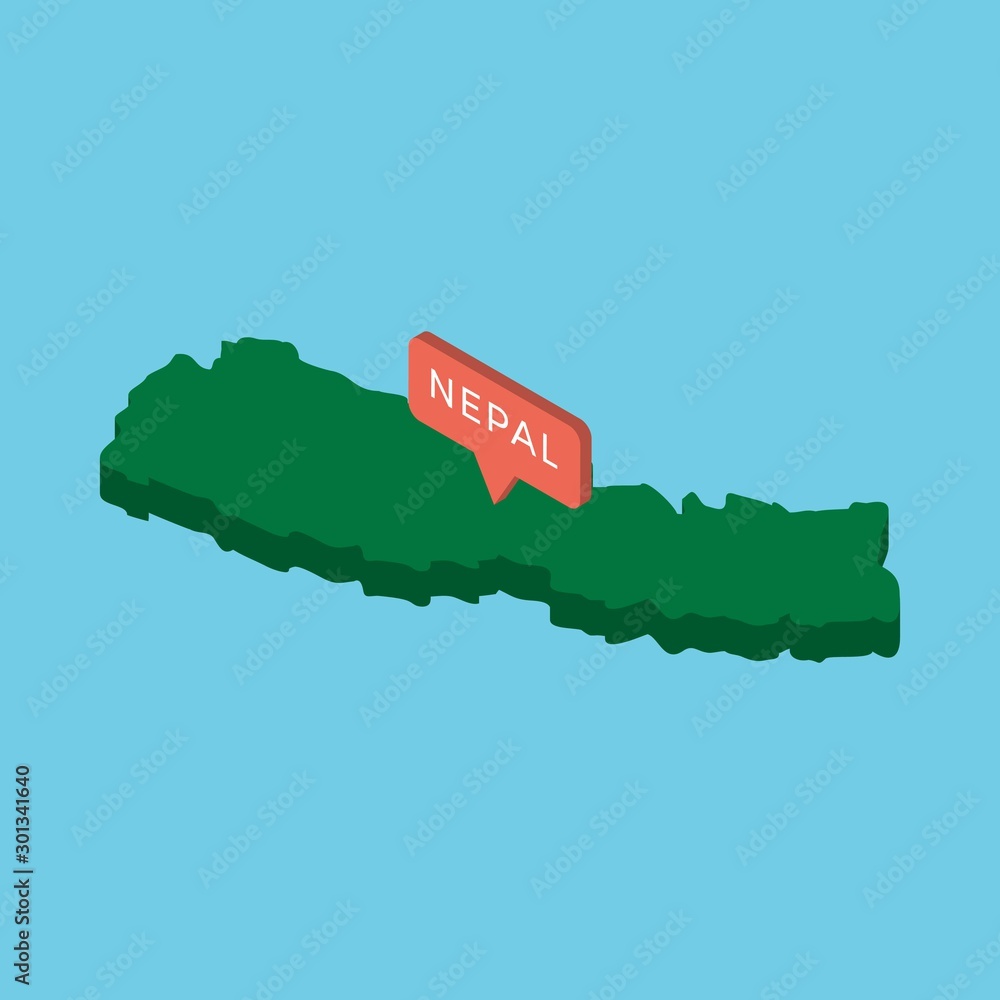 Poster green isometric map of country nepal with pointer on blue background. realistic 3d vector concept ma