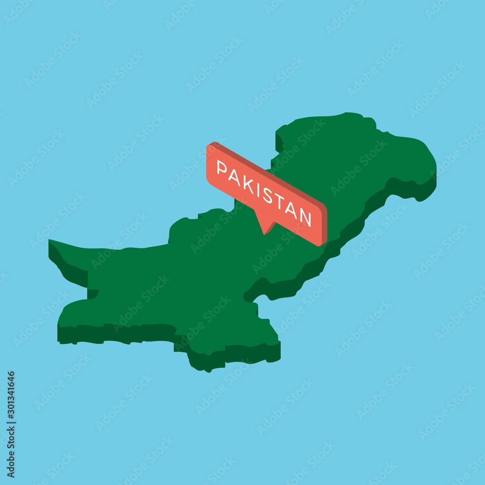 Poster green isometric map of country pakistan with pointer on blue background. realistic 3d vector concept