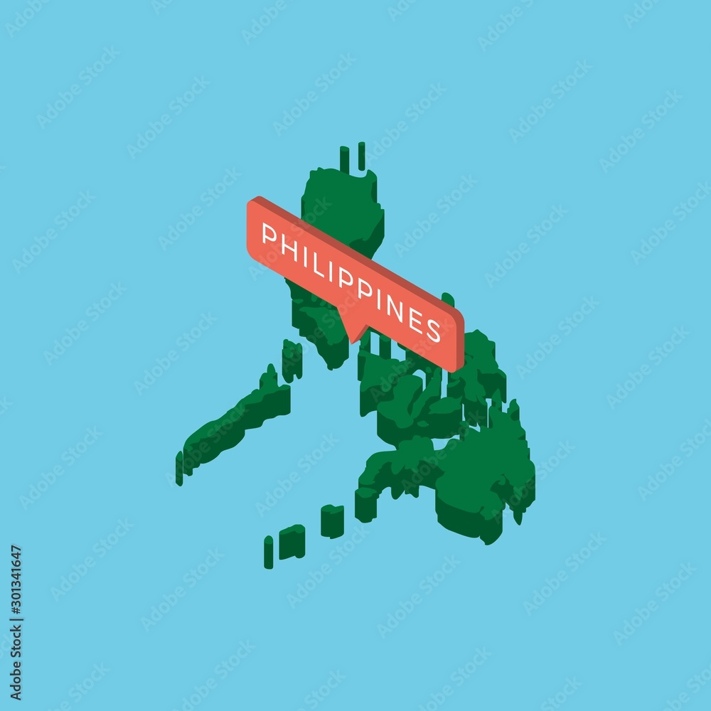 Poster green isometric map of country philippines with pointer on blue background. realistic 3d vector conc